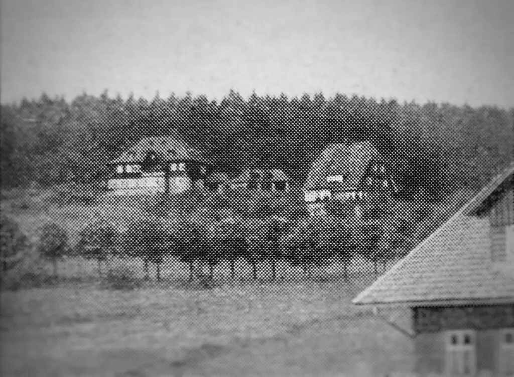 Zwei traditionelle, zweigeschossige Häuser stehen vor einem Wald, umgeben von niedrigen Bäumen und Wiesen.