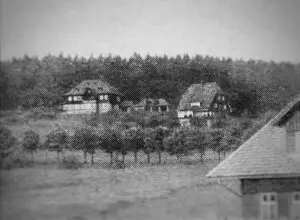 Zwei traditionelle, zweigeschossige Häuser stehen vor einem Wald, umgeben von niedrigen Bäumen und Wiesen.