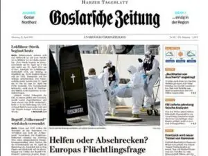 Titelseite der Goslarschen Zeitung mit Artikeln zu einem Streik und der Flüchtlingsfrage sowie einem Bild von Personen in Schutzkleidung.
