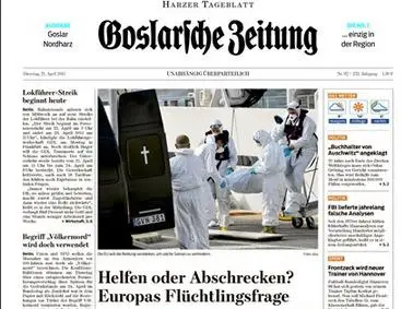 Titelseite der Goslarschen Zeitung mit Artikeln zu einem Streik und der Flüchtlingsfrage sowie einem Bild von Personen in Schutzkleidung.