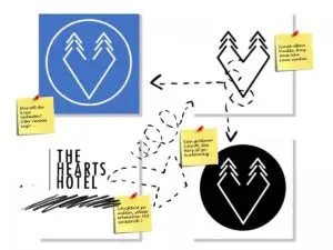 Logo-Entwürfe für The Hearts Hotel mit notierten Fragen und Anmerkungen zur Gestaltung und Schriftarten.