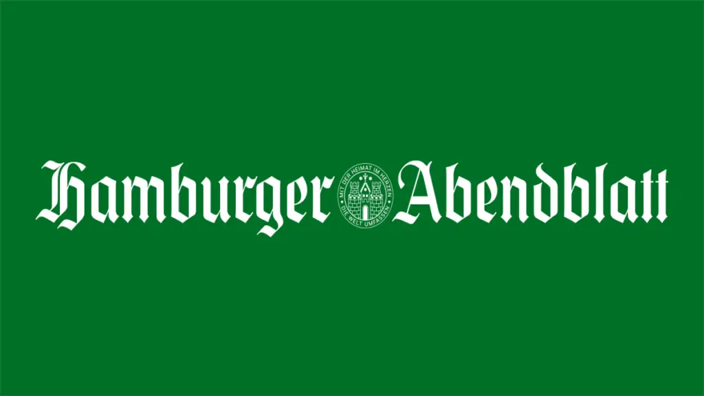 Grüner Hintergrund mit dem Schriftzug „Hamburger Abendblatt“ und einem Wappen in der Mitte.
