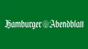 Grüner Hintergrund mit dem Schriftzug „Hamburger Abendblatt“ und einem Wappen in der Mitte.