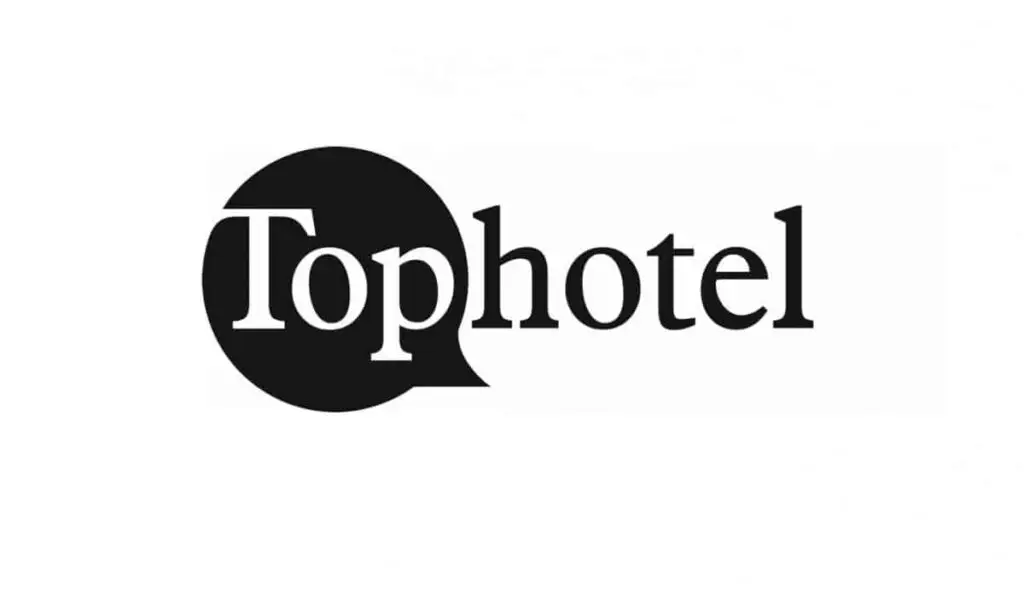 Logo von Tophotel, schwarzer Text auf weißem Hintergrund, das o in einem Sprechblasen-ähnlichen Symbol.