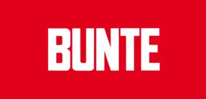 Logo der Zeitschrift „Bunte“ auf rotem Hintergrund in großen, weißen Buchstaben.