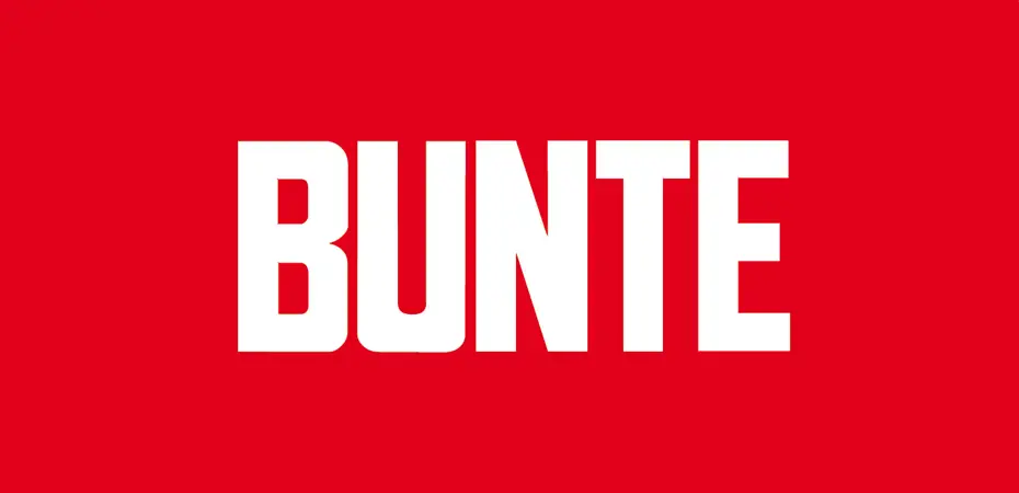 Logo der Zeitschrift „Bunte“ auf rotem Hintergrund in großen, weißen Buchstaben.