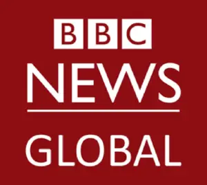 Logo von BBC News Global auf rotem Hintergrund, bestehend aus dem Text BBC NEWS GLOBAL in weißer Schrift.