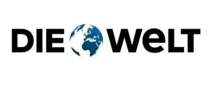 Logo der Zeitung DIE WELT mit dem Schriftzug und einer stilisierten Weltkugel in Blau und Weiß.