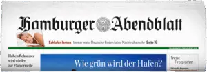 Logo der Zeitung „Hamburger Abendblatt“ mit dem Titel „Schlafen lernen“ und einer Anzeige zum Thema „Wie grün wird der Hafen?“.
