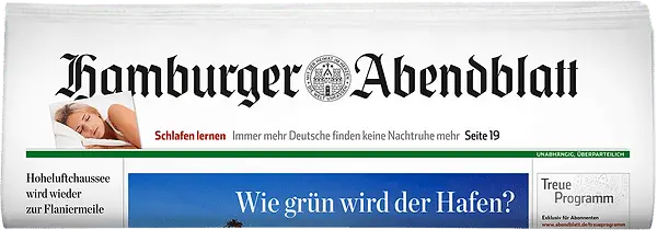 Logo der Zeitung „Hamburger Abendblatt“ mit dem Titel „Schlafen lernen“ und einer Anzeige zum Thema „Wie grün wird der Hafen?“.