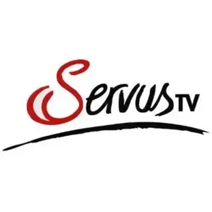 Logo von Servus TV mit einem roten Schriftzug und einer geschwungenen Unterstreichung.