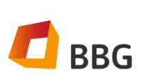 Logo der BBG: Ein orangefarbenes Quadrat, das an eine geöffnete Box erinnert, begleitet von dem Schriftzug „BBG“.