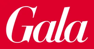 Logo der Zeitschrift Gala auf rotem Hintergrund, Schriftzug in Weiß, modern und klar gestaltet.