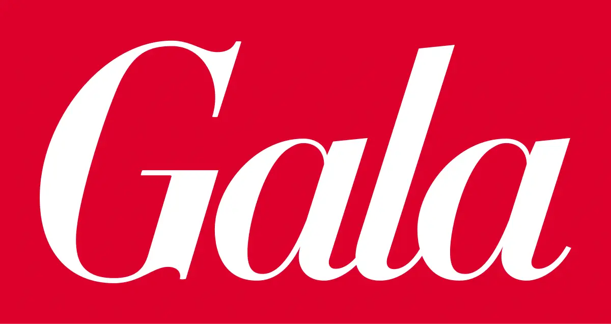 Logo der Zeitschrift Gala auf rotem Hintergrund, Schriftzug in Weiß, modern und klar gestaltet.