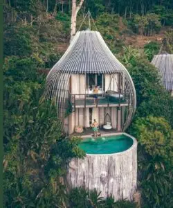 Moderne, nachhaltige Unterkunft in der Natur mit Pool. Zwei Personen stehen auf der Terrasse, umgeben von Pflanzen und Bäumen.