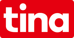 Logo der Marke tina in weißer Schrift auf rotem Hintergrund. Klar und moderne Schriftgestaltung.