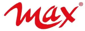 Max-Logo in roter Schrift auf weißem Hintergrund, verwendet für Markenidentifikation und Produktwerbung.
