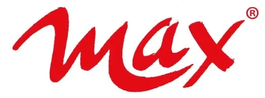 Max-Logo in roter Schrift auf weißem Hintergrund, verwendet für Markenidentifikation und Produktwerbung.