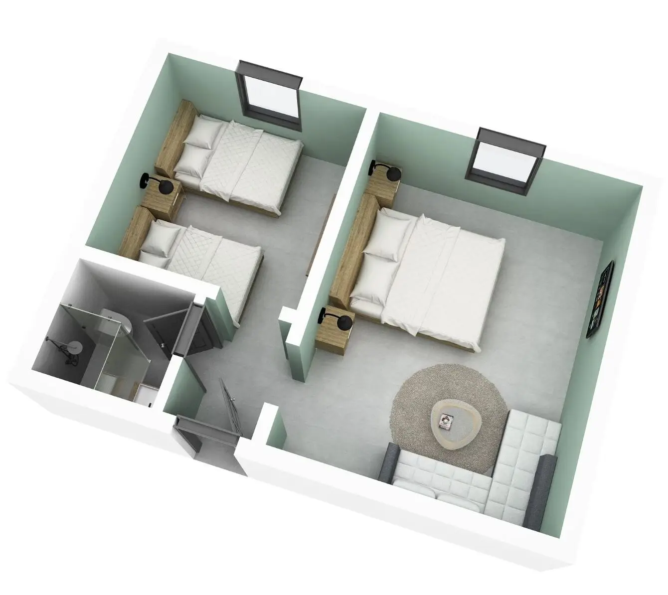 Grundriss eines Zimmers mit zwei Schlafzimmern, einem Badezimmer und einem Wohnbereich. Helle Wände, moderne Möbel.