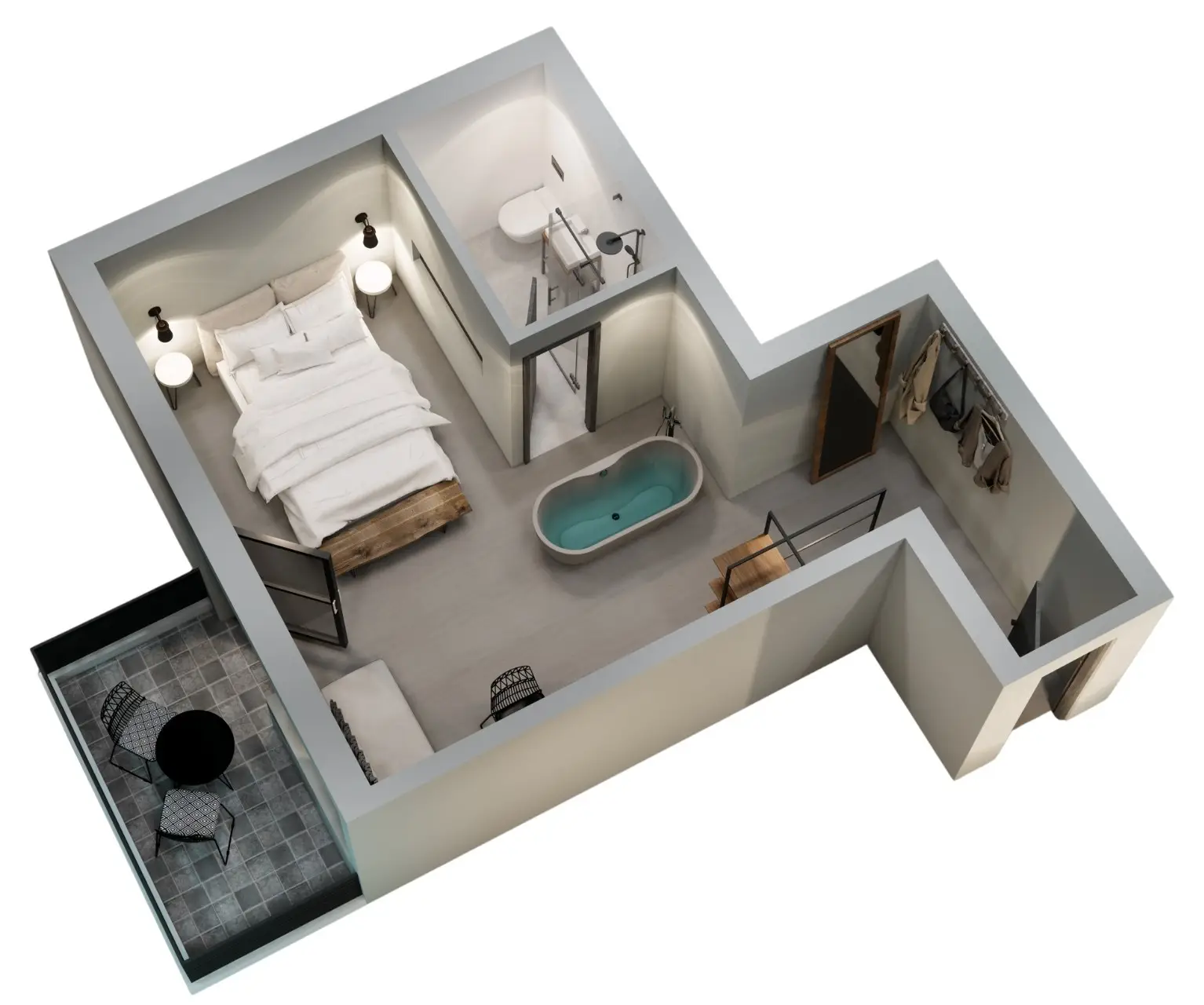 Barrierefreier ALT-Text: Grundriss eines modernen Hotelzimmers mit Bett, Bad, freistehender Badewanne und kleiner Terrasse.