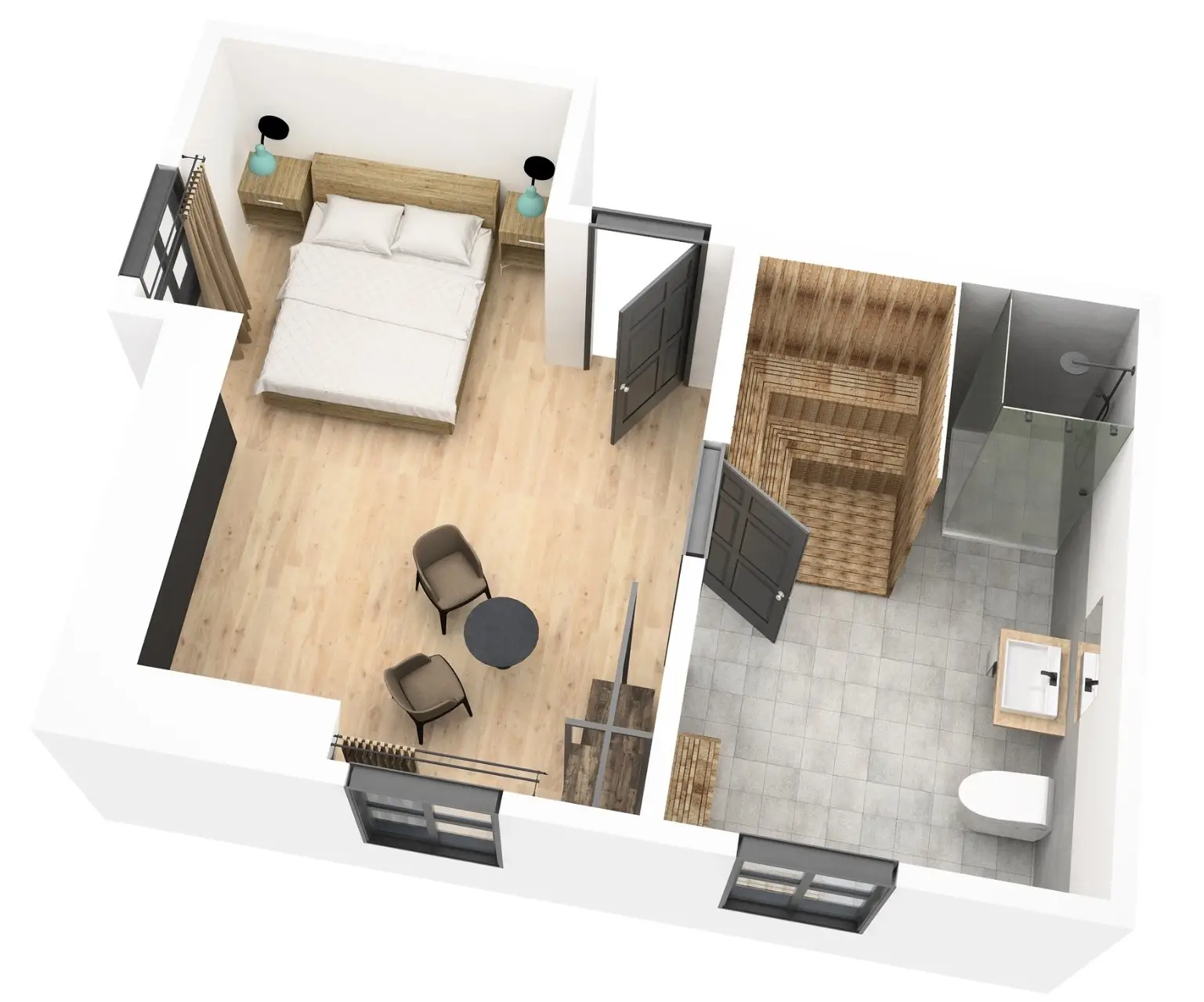 Grundriss eines Zimmers mit Schlafzimmer, Bad, Dusche, und Sitzbereich. Möbel: Bett, Tisch, Stühle und Waschbecken.