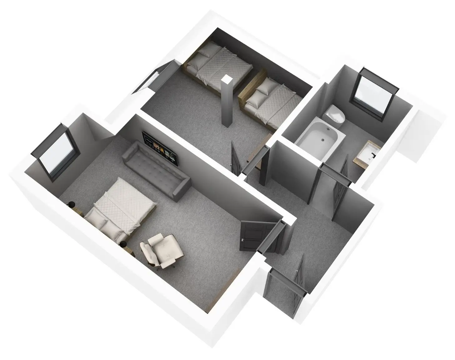 Grundriss eines modernen Apartments mit zwei Schlafzimmern, einem Wohnbereich und einem Badezimmer.