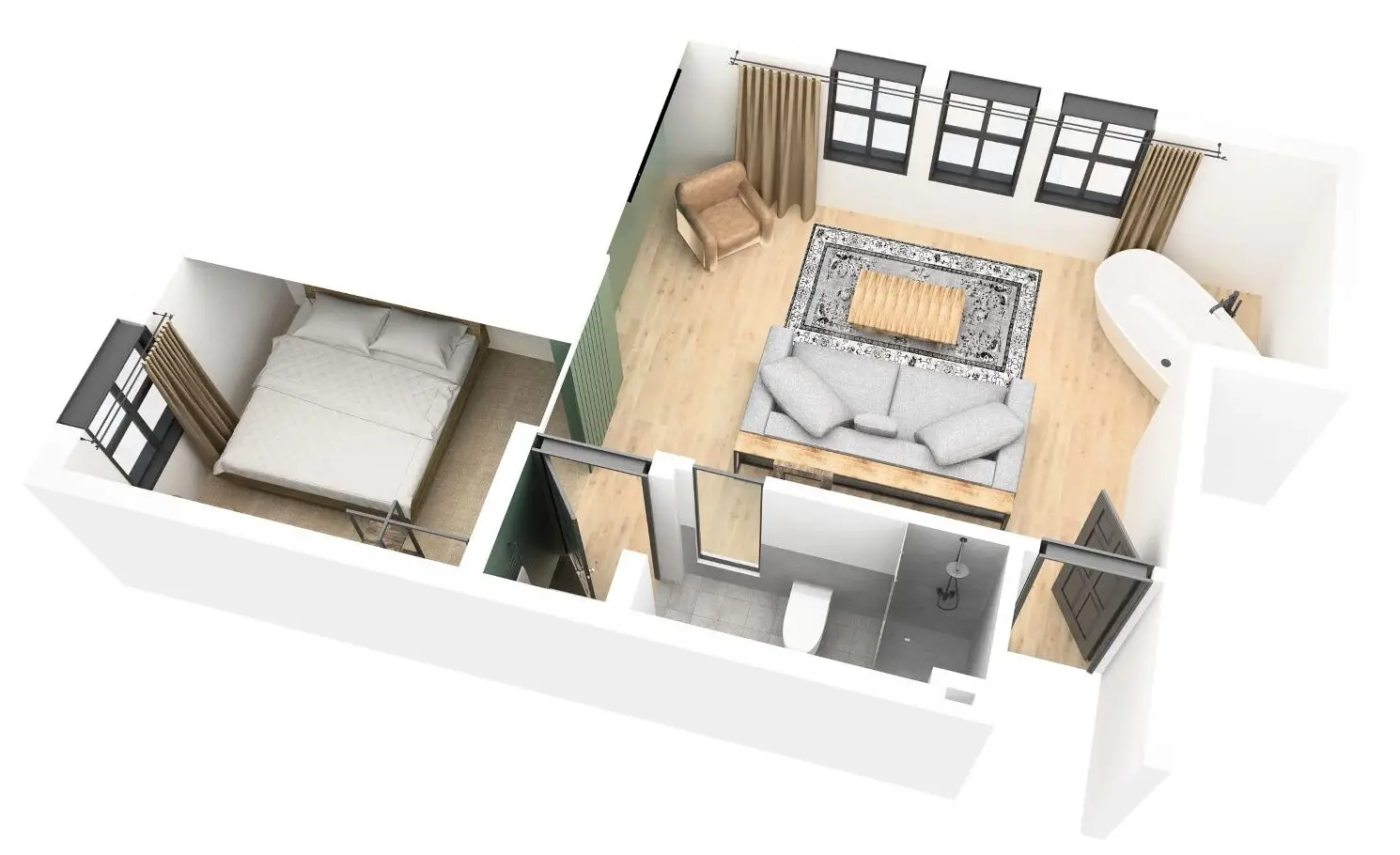 Grundriss eines Wohnraums mit Schlafzimmer, Wohnbereich und Badezimmer, Möbel und Fenster sichtbar, helle Holzfußböden.