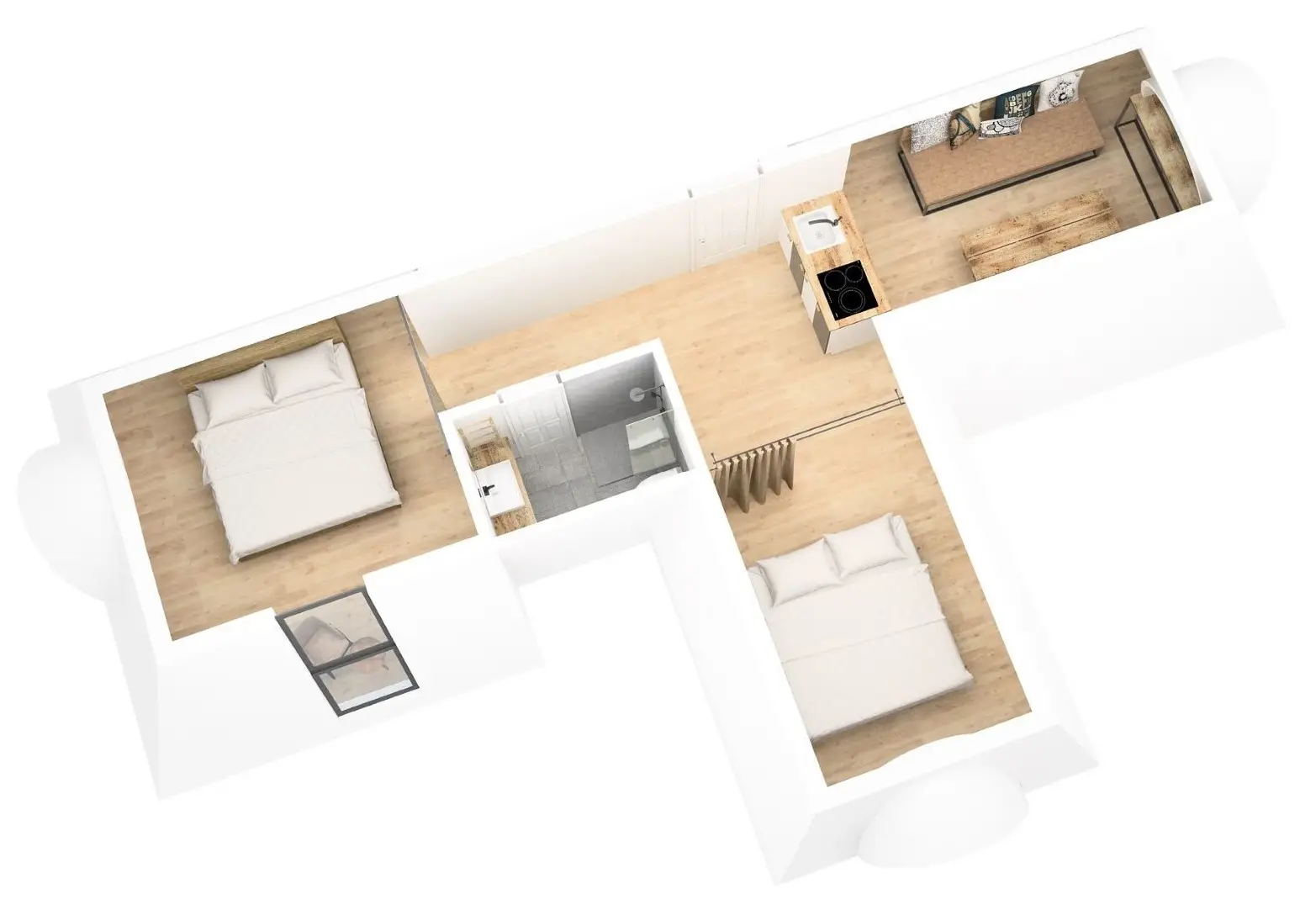 Schematische Darstellung einer Wohnung mit zwei Schlafzimmern, einem Badezimmer und einer Küchenzeile im offenen Wohnbereich.