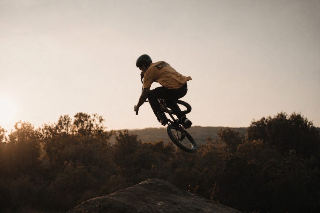Junger Mann in gelbem Shirt springt mit BMX-Fahrrad über einen Felsen bei Sonnenuntergang, umgeben von Bäumen.