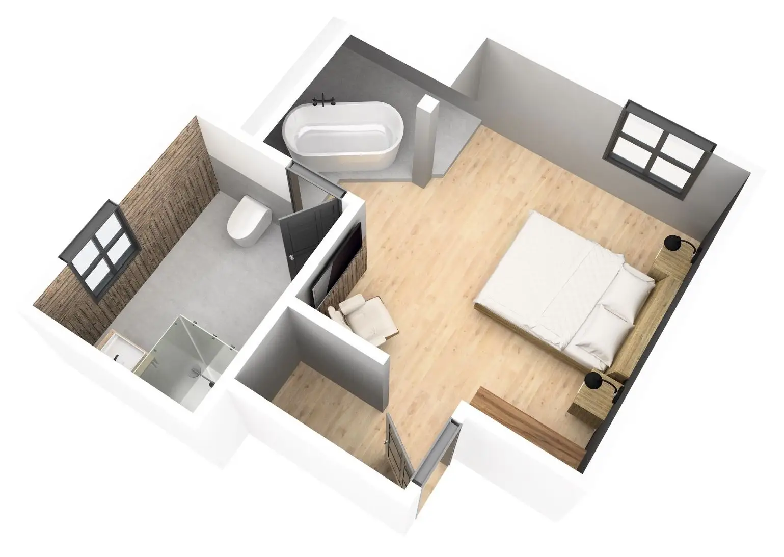 Raumaufteilung eines modernen, ein Schlafzimmer und ein Badezimmer mit Badewanne, Dusche und Fenster. Holzboden und neutrale Farben.