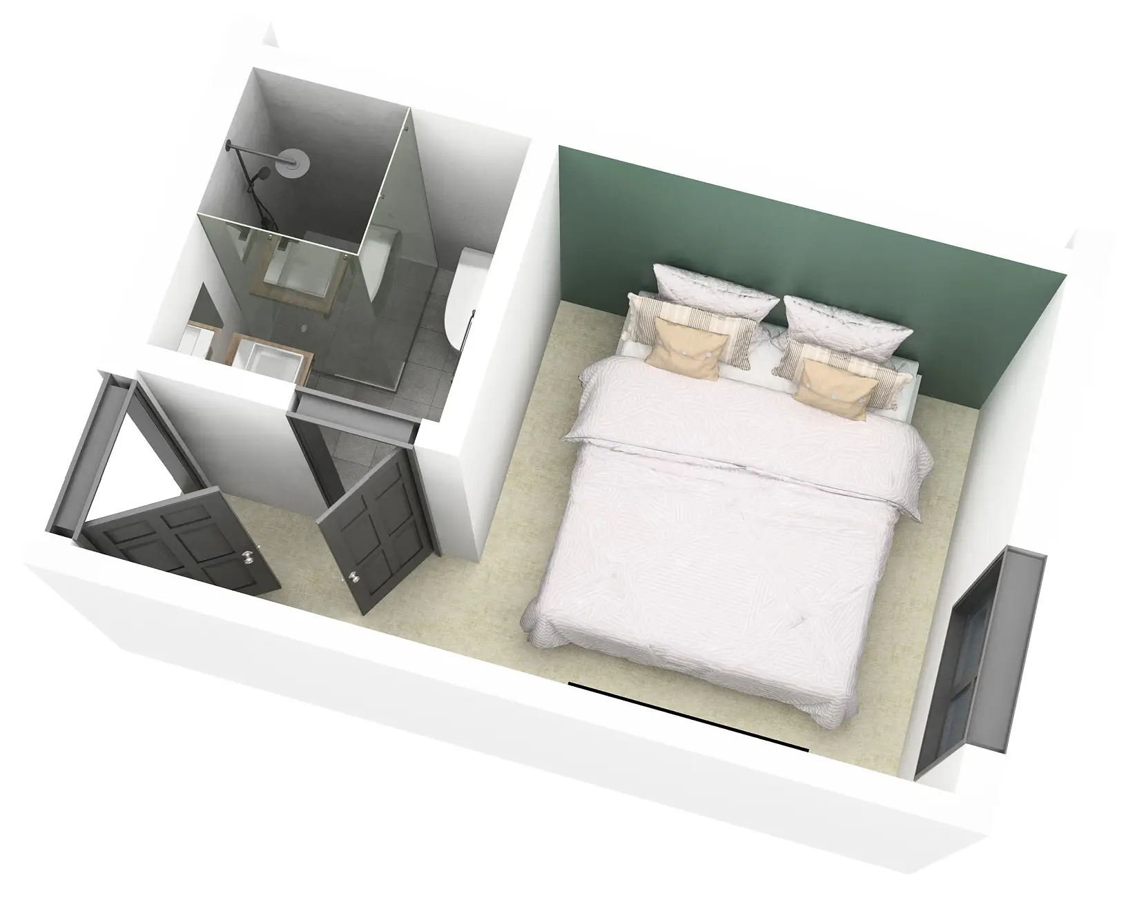 Grundriss eines Schlafzimmers mit Doppelbett, zwei Kissen, grünem Akzentwand und angrenzendem Badezimmer mit Dusche.