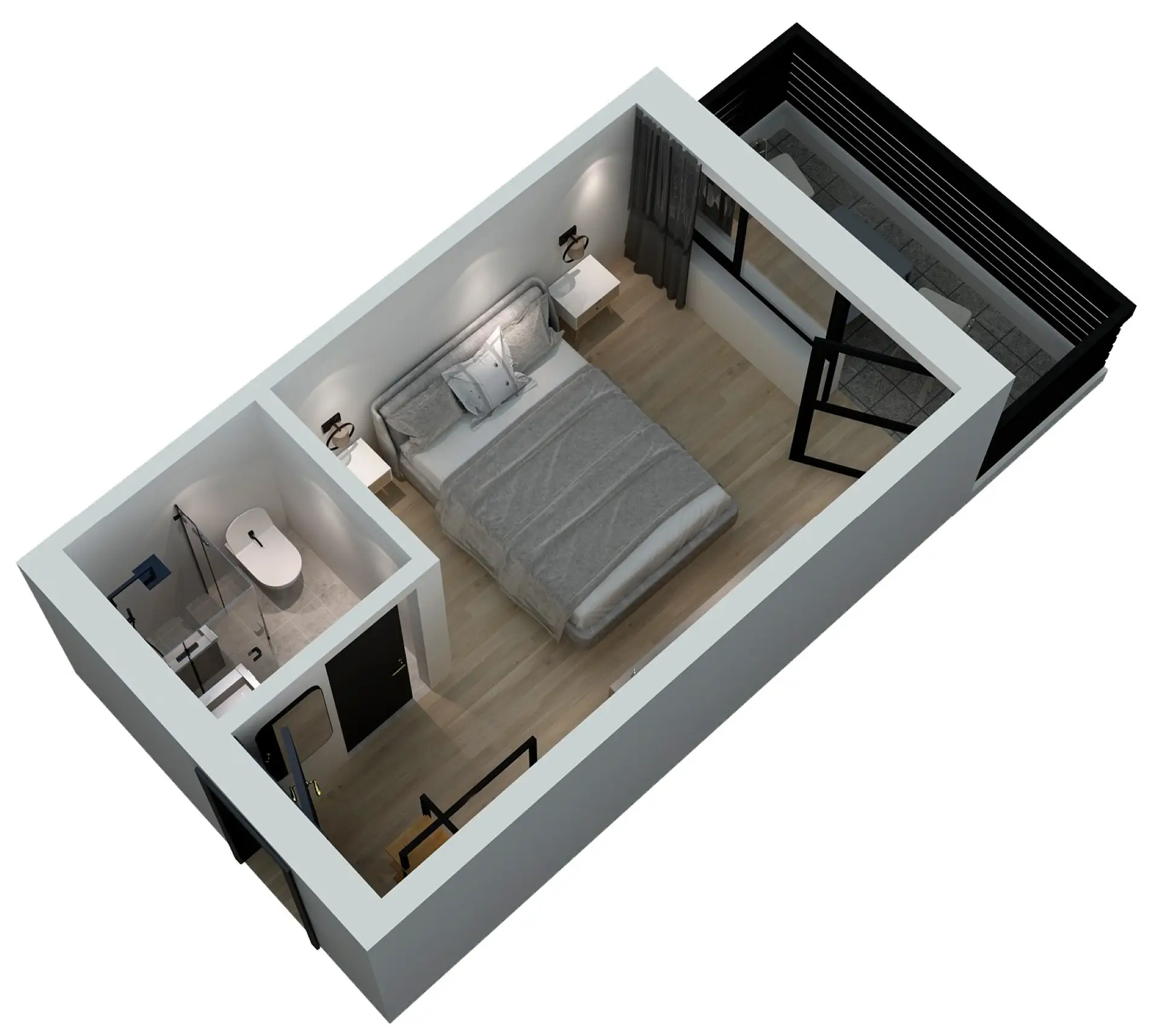 Innenansicht eines modernen Zimmers mit Bett, Nachttischen und Badezimmer im angrenzenden Raum.