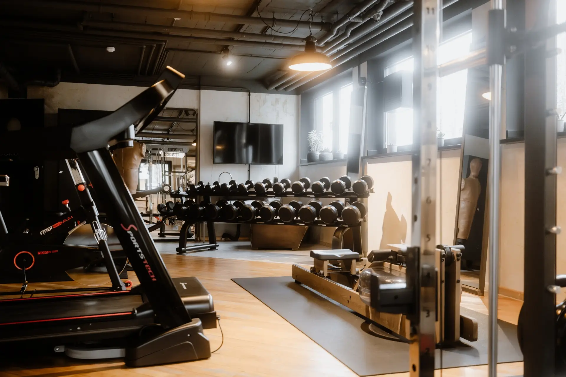 Moderner Fitnessraum mit Trainingsgeräten, Hanteln auf einem Rack und großem Bildschirm, begrünt durch Fensterlicht.