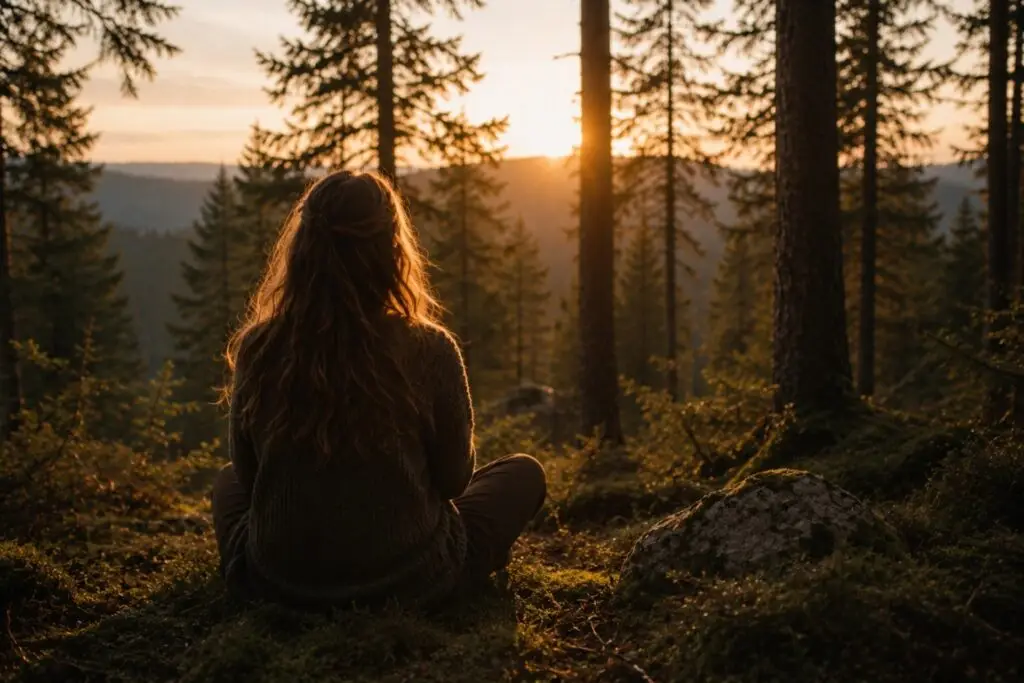 Frau mit lockigem Haar sitzt auf moosbedecktem Boden im Wald und beobachtet einen Sonnenuntergang hinter den Bäumen.