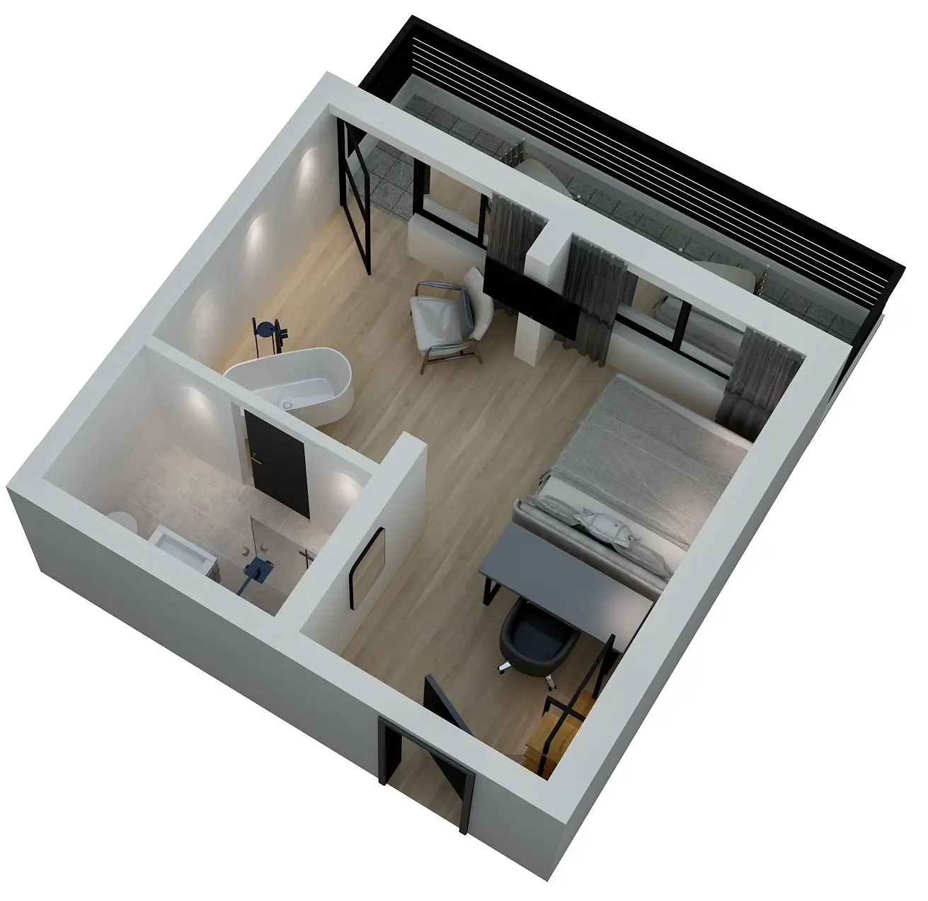 Moderne Hotelzimmeransicht: Schlafzimmer mit Bett, Tisch, Stuhl und Fenster; angrenzendes Bad mit Badewanne und Dusche.