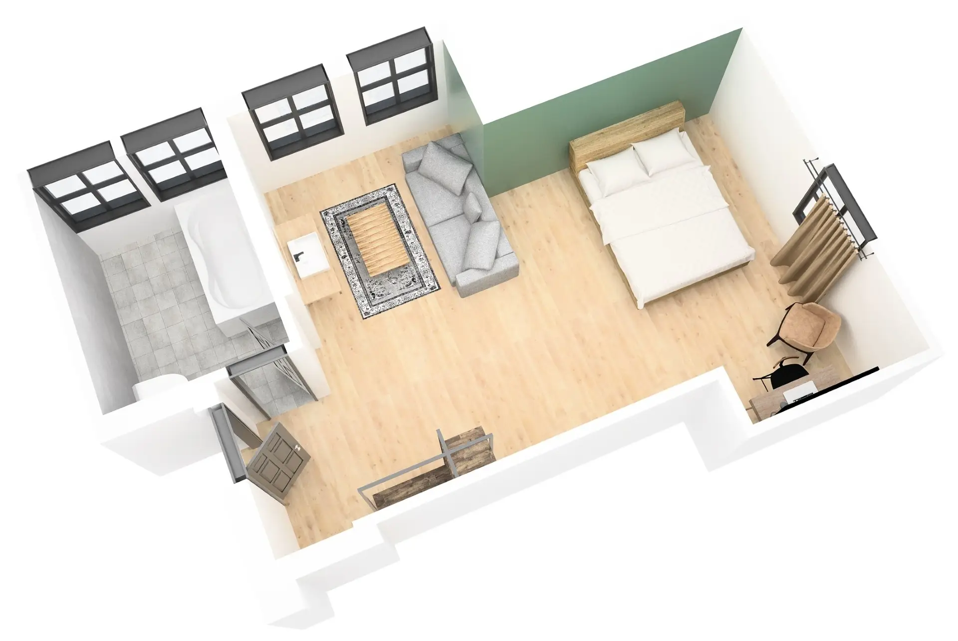 Vogelperspektive eines modernen Zimmers mit Bett, Sofa und Bad, Holzboden, großen Fenstern und neutralen Farben.