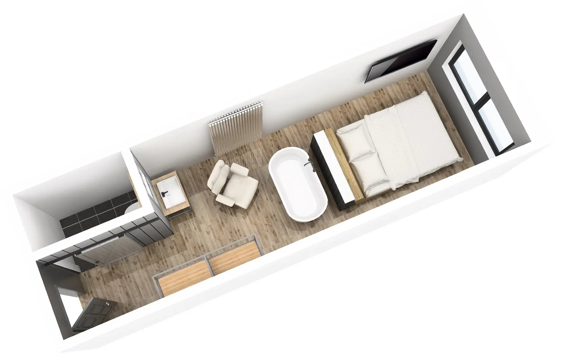 Innenraumansicht eines modernen Zimmers mit Bett, Sessel, Badewanne und Waschbecken. Helle Farbgestaltung, große Fenster.