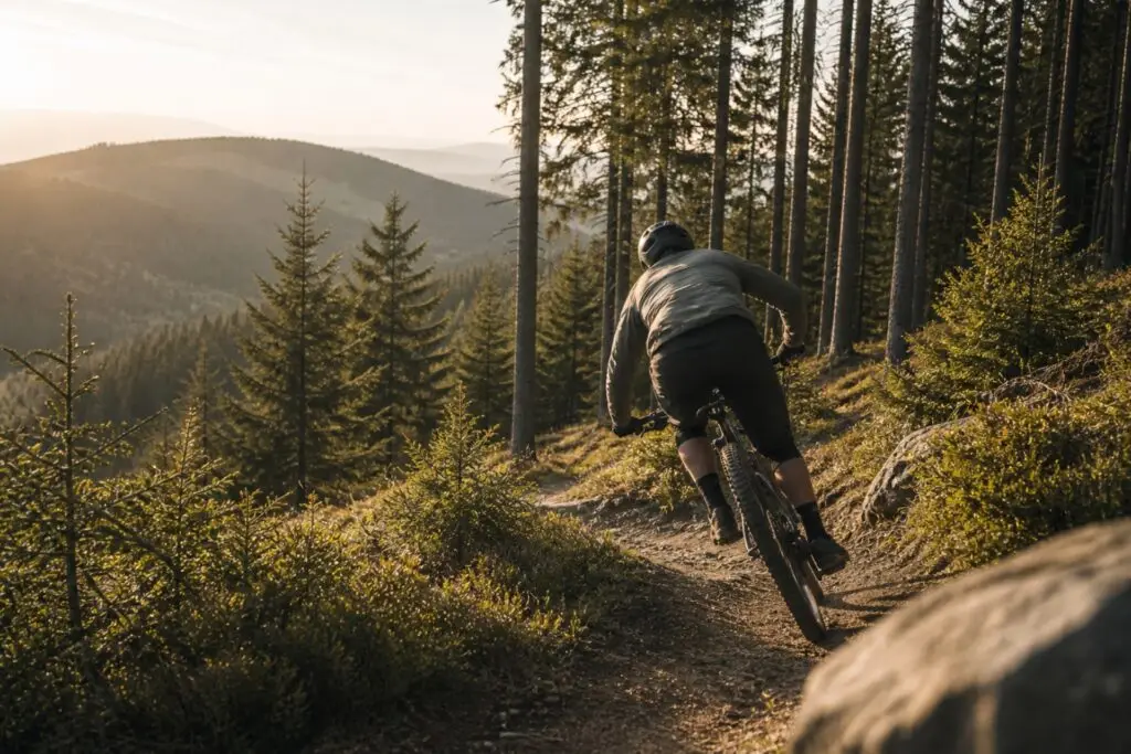 Mountainbiker fährt einen Waldweg in der Abenddämmerung, umgeben von Bäumen und Hügeln im Hintergrund.