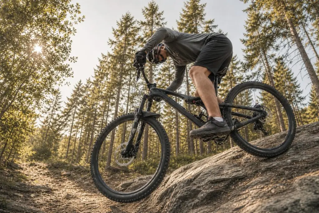 Mountainbiker überquert einen Stein auf einem Waldweg, umgeben von Nadelbäumen im Sonnenlicht.