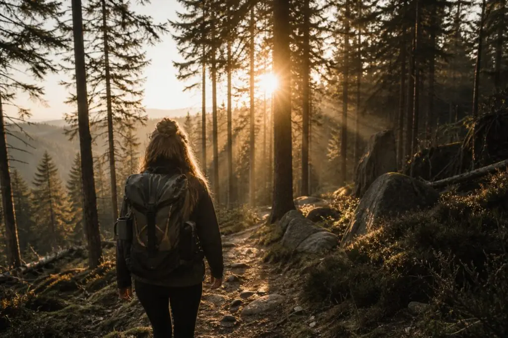 Frau mit Rucksack wandert auf einem Waldweg, Sonnenstrahlen fallen durch die Bäume, ruhige und naturnahe Atmosphäre.