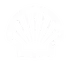 Symbol einer Muschel in weißer Farbe auf schwarzem Hintergrund, häufig verwendet als Zeichen für den Jakobsweg.
