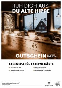 Gutschein für einen Tagesspa-Besuch im Alte Hippe mit Details zu Brunch, Snacks und Begrüßungssekt.