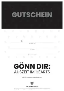 Gutschein für das Hearts Hotel, mit Feldern für Betrag, Worte und Gutscheincode, auf einem schwarz-weißen Hintergrund.