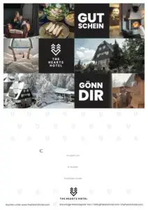 ALT-Text: Gutschein für das Hearts Hotel mit Bildern von gemütlichen Zimmern, Speisen, dem Hotelgebäude und winterlicher Landschaft.