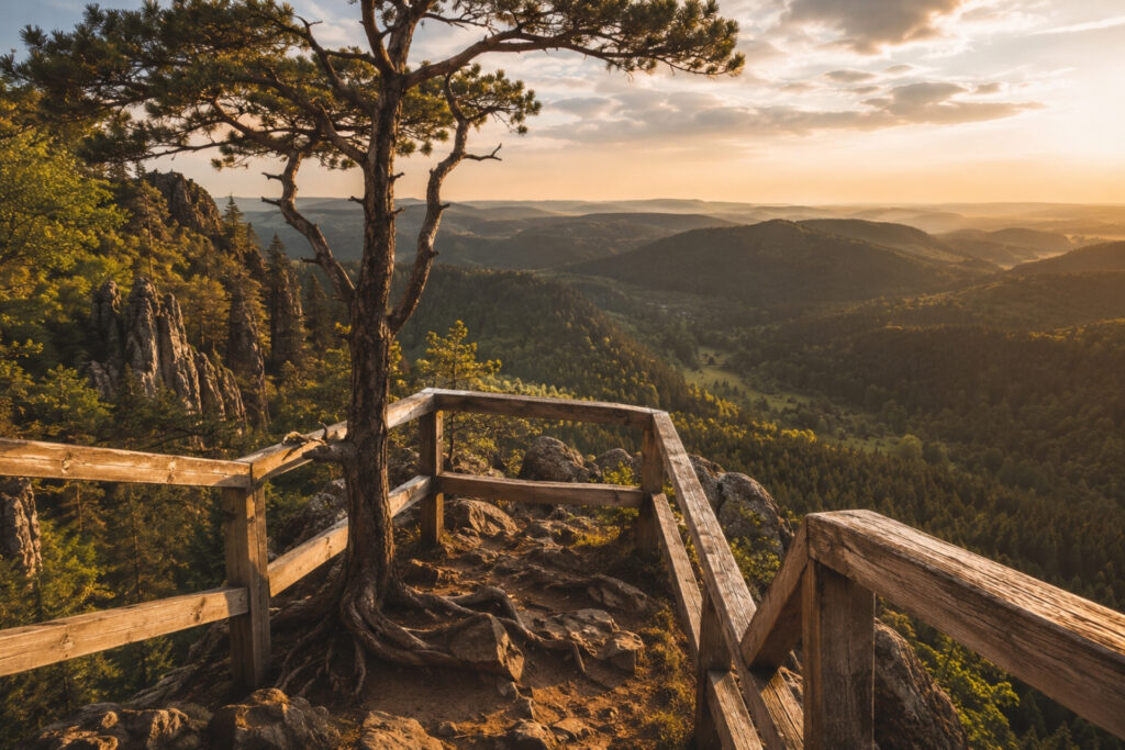 Aussichtspunkt mit Holzgeländer, Baum und Blick auf hügelige Landschaft bei Sonnenuntergang. Naturidylle und Ruhe.