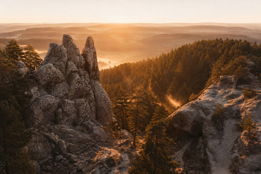 Sonnenaufgang über steinigen Gipfeln und bewaldeten Hügeln, Nebelschwaden an den Berghängen. Naturaufnahme.