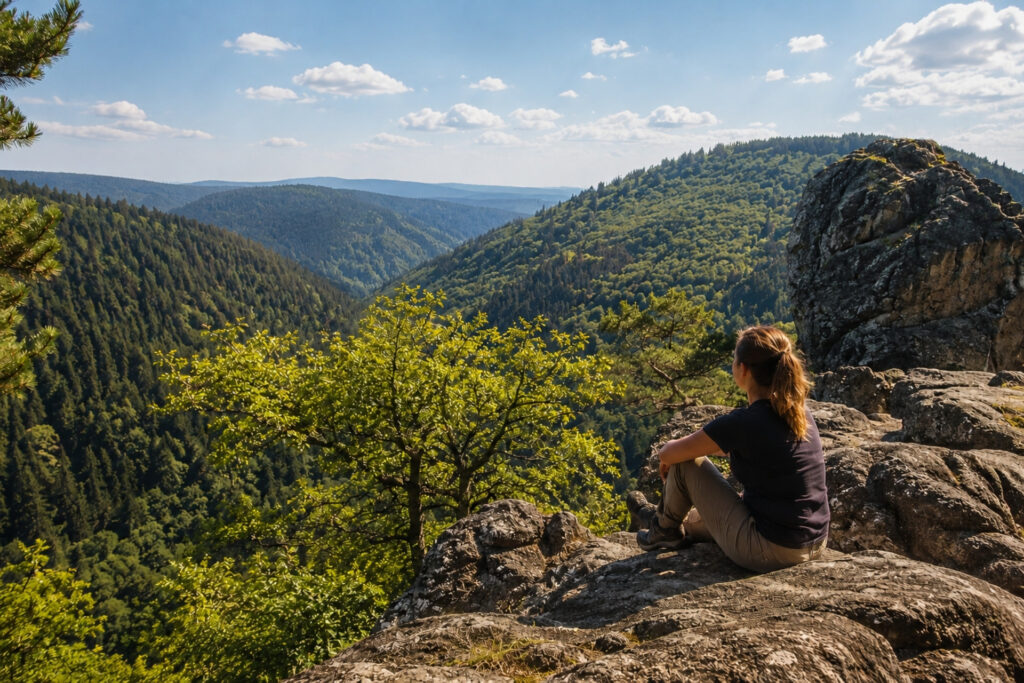 Eine Person sitzt auf einem Felsen und betrachtet die bewaldete Berglandschaft mit Hügeln und blauem Himmel.