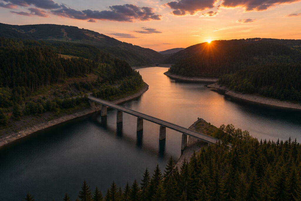Sonnenuntergang über einem Fluss mit Brücke, umgeben von bewaldeten Bergen und stillen Gewässern.