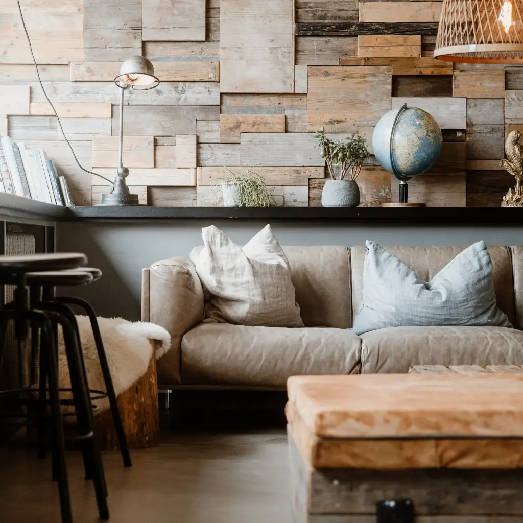 Gemütliches Wohnzimmer mit braunem Sofa, Kissen, Bücherregal, Globus und pflanzen. Holzverkleidete Wand und warme Beleuchtung.