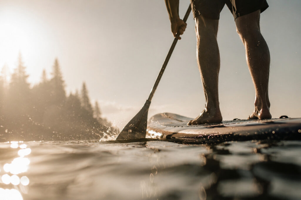 Mann steht barfuß auf einem Stand-Up-Paddle-Board und paddelt in ruhigem Wasser, umgeben von Bäumen und Sonnenlicht.